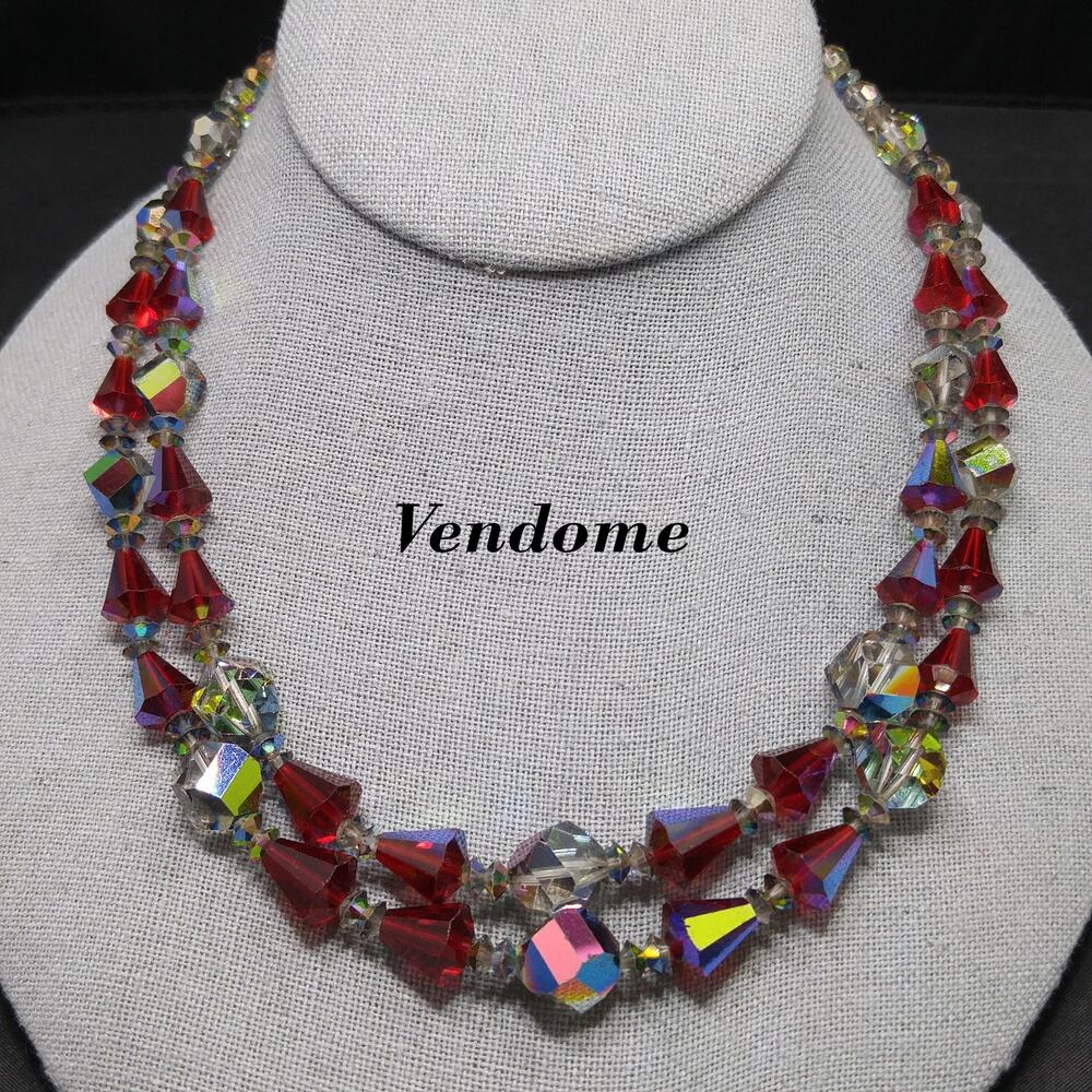 Vintage Vendome Red Crystal Necklace AB Rhinestones Double Strand 18”